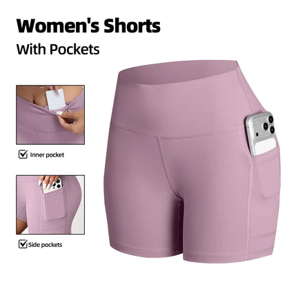 CHRLEISURE 3-Pack High-Waisted Biker Shorts with Pockets Inner and Side Pockets for Women Workout Yoga Running Gym Tennis Shorts