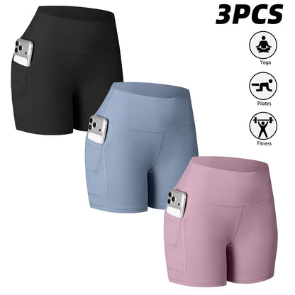 CHRLEISURE 3-Pack High-Waisted Biker Shorts with Pockets Inner and Side Pockets for Women Workout Yoga Running Gym Tennis Shorts