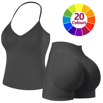 JGS1996 Two-Piece Sports Sets for Women Solid Seamless Halter Tank Top with High Waist Shorts Set for Yoga Fitness Gym Workout Running Breathable & Comfortable Activewear Summer