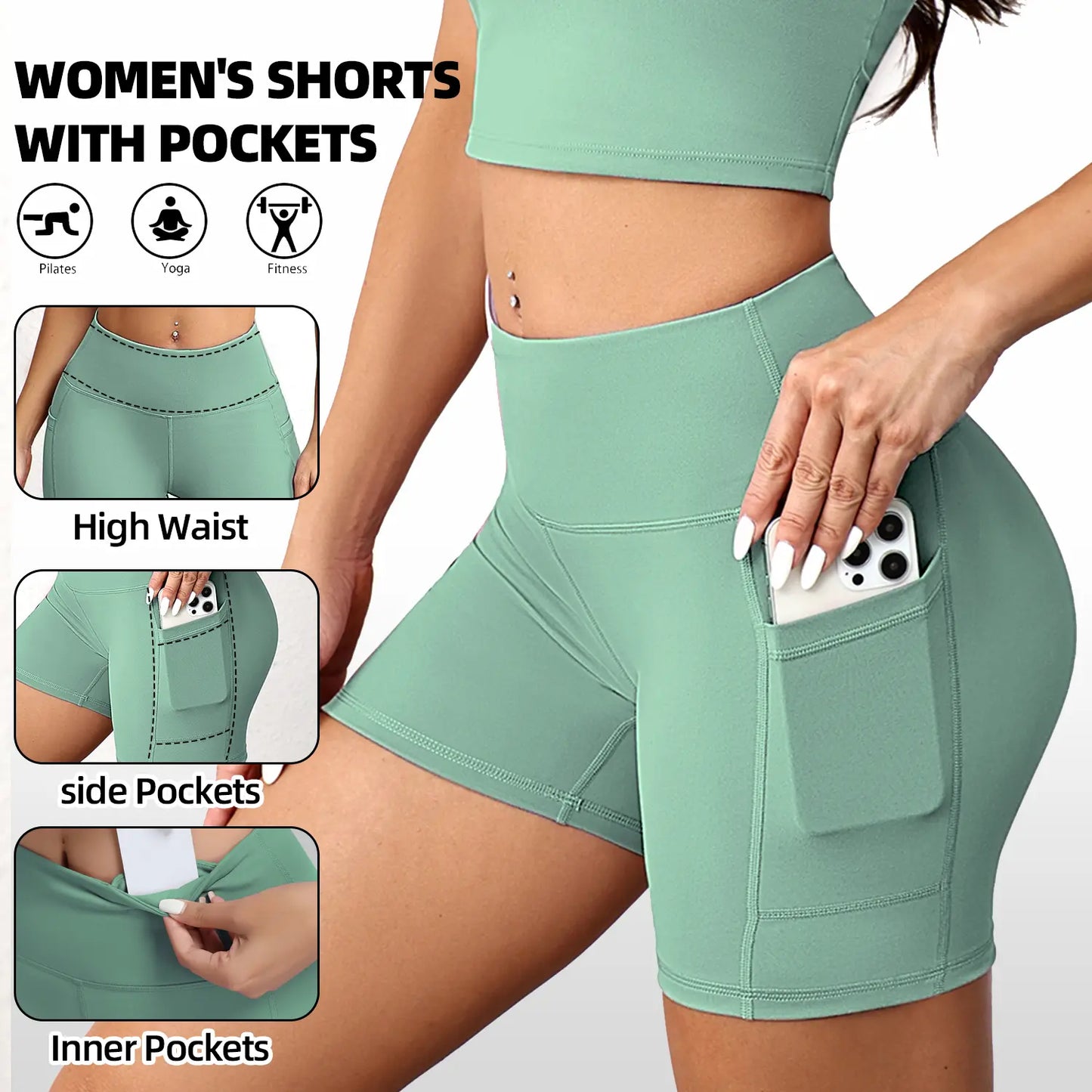 CHRLEISURE 3-Pack High-Waisted Biker Shorts with Pockets Inner and Side Pockets for Women Workout Yoga Running Gym Tennis Shorts