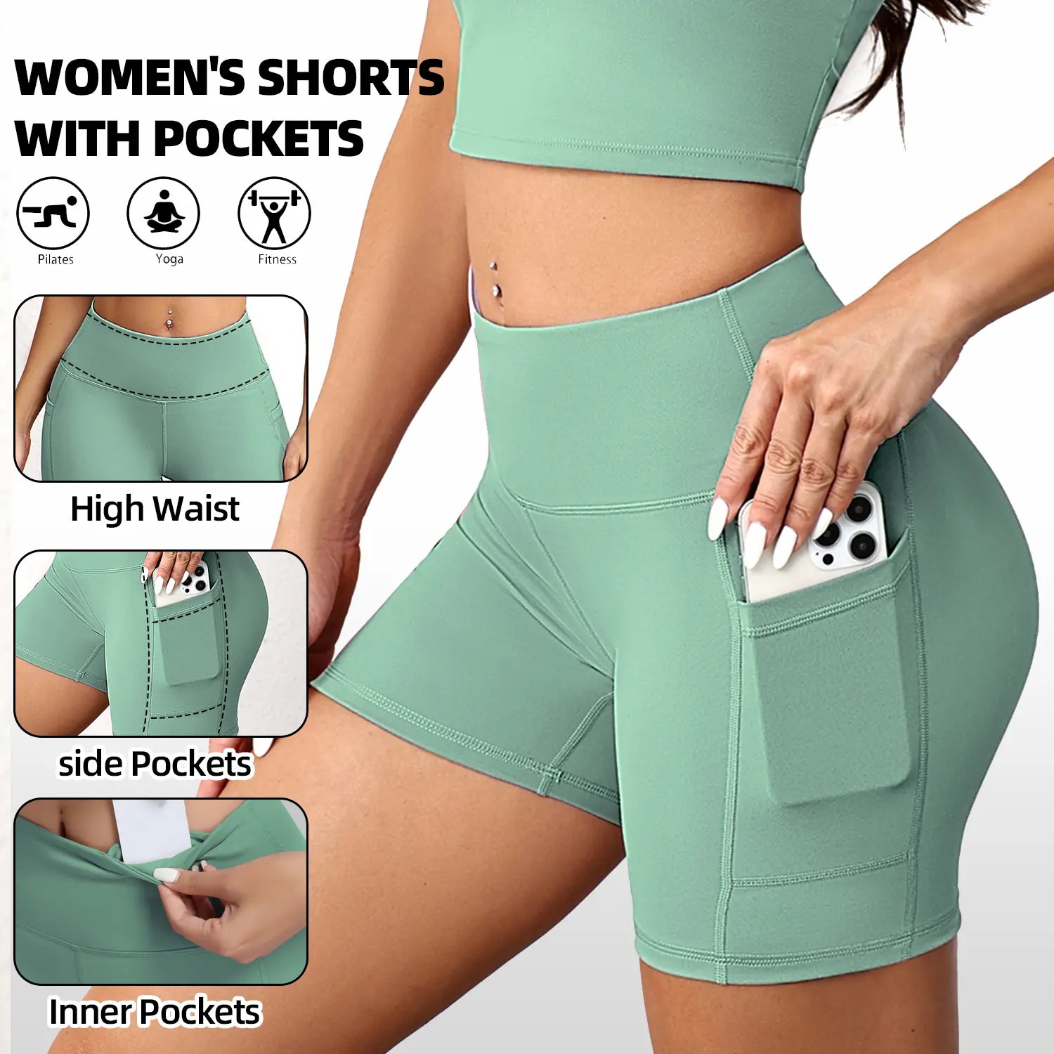 CHRLEISURE 3-Pack High-Waisted Biker Shorts with Pockets Inner and Side Pockets for Women Workout Yoga Running Gym Tennis Shorts