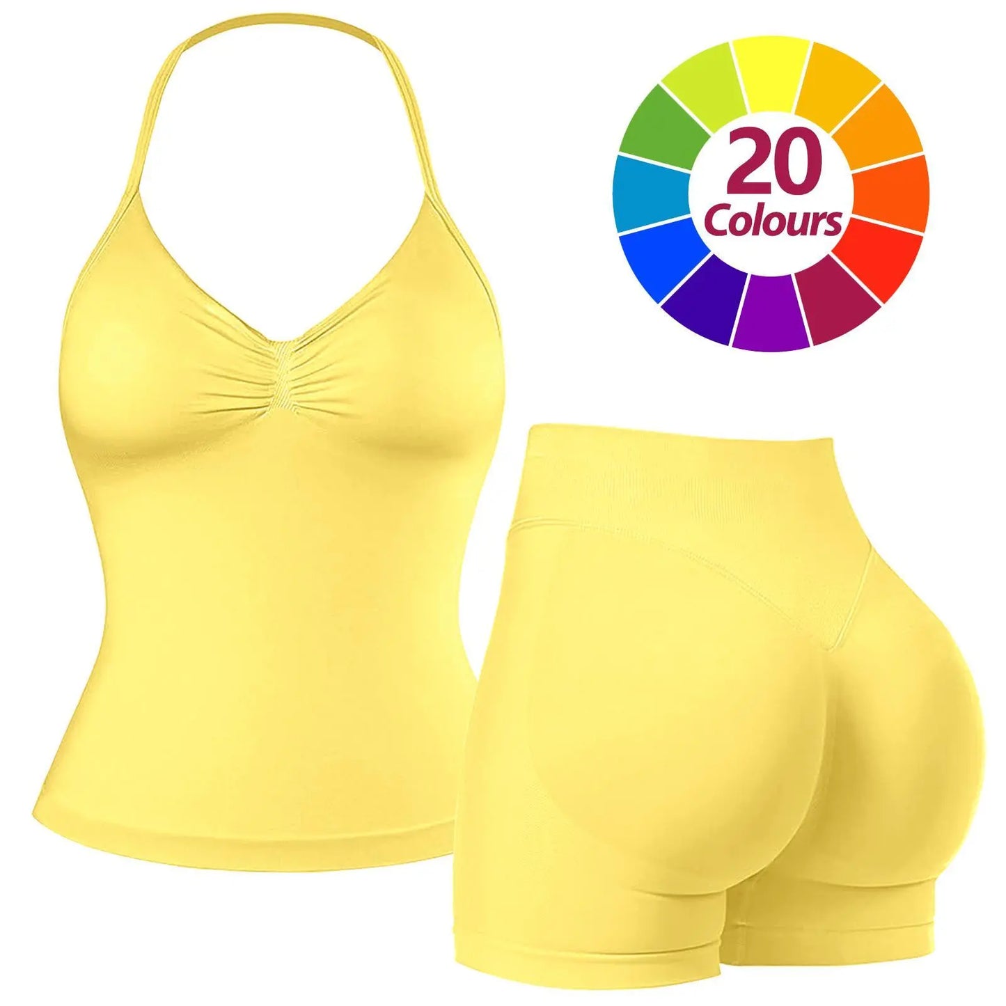 JGS1996 Two-Piece Sports Sets for Women Solid Seamless Halter Tank Top with High Waist Shorts Set for Yoga Fitness Gym Workout Running Breathable & Comfortable Activewear Summer