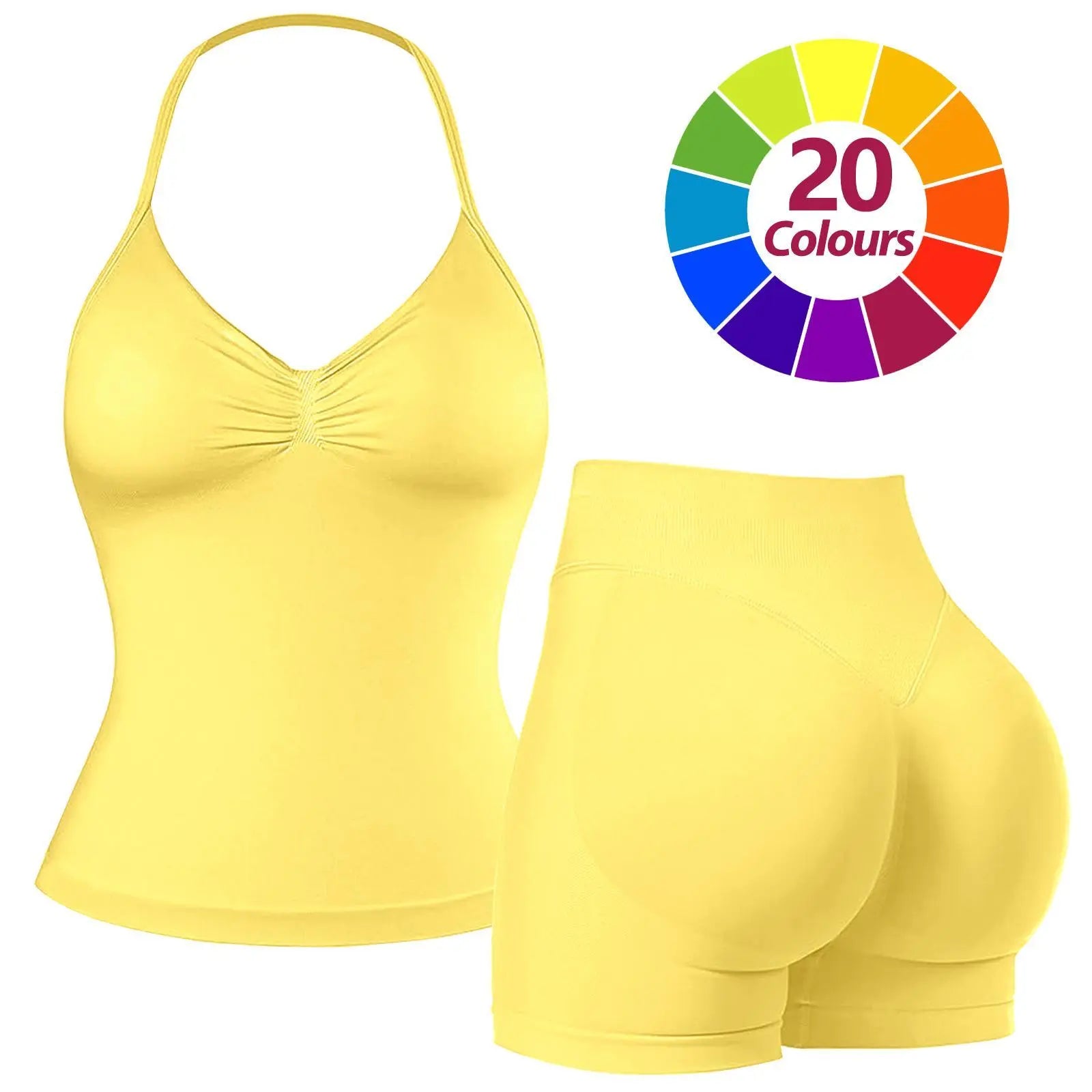 JGS1996 Two-Piece Sports Sets for Women Solid Seamless Halter Tank Top with High Waist Shorts Set for Yoga Fitness Gym Workout Running Breathable & Comfortable Activewear Summer