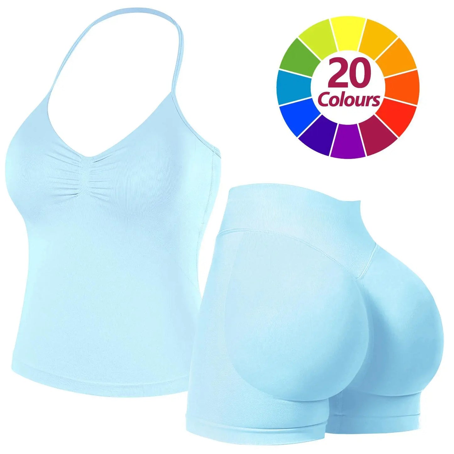 JGS1996 Two-Piece Sports Sets for Women Solid Seamless Halter Tank Top with High Waist Shorts Set for Yoga Fitness Gym Workout Running Breathable & Comfortable Activewear Summer