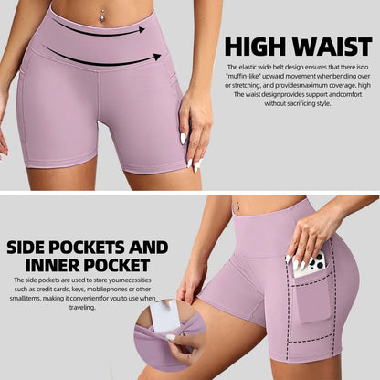 CHRLEISURE 3-Pack High-Waisted Biker Shorts with Pockets Inner and Side Pockets for Women Workout Yoga Running Gym Tennis Shorts