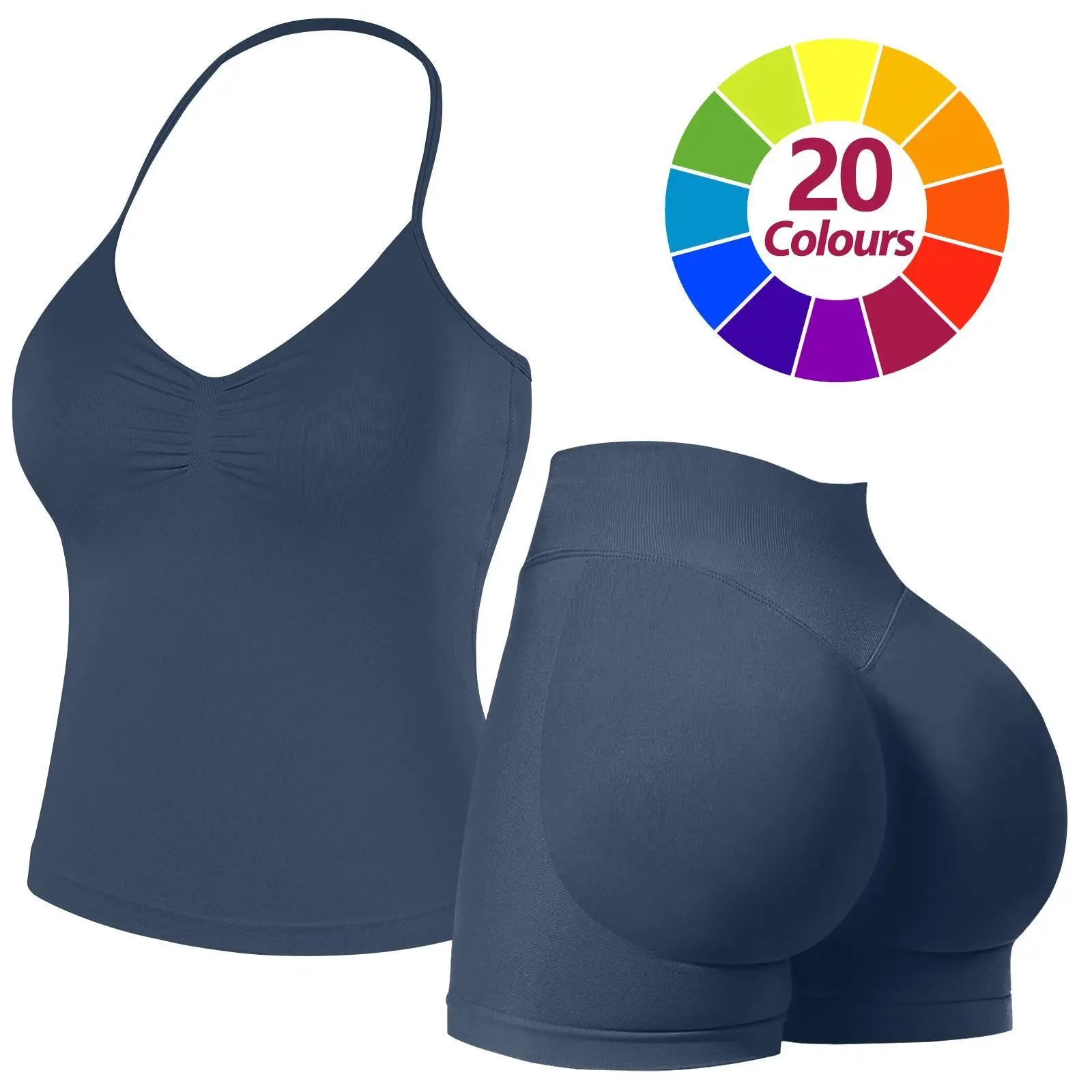 JGS1996 Two-Piece Sports Sets for Women Solid Seamless Halter Tank Top with High Waist Shorts Set for Yoga Fitness Gym Workout Running Breathable & Comfortable Activewear Summer