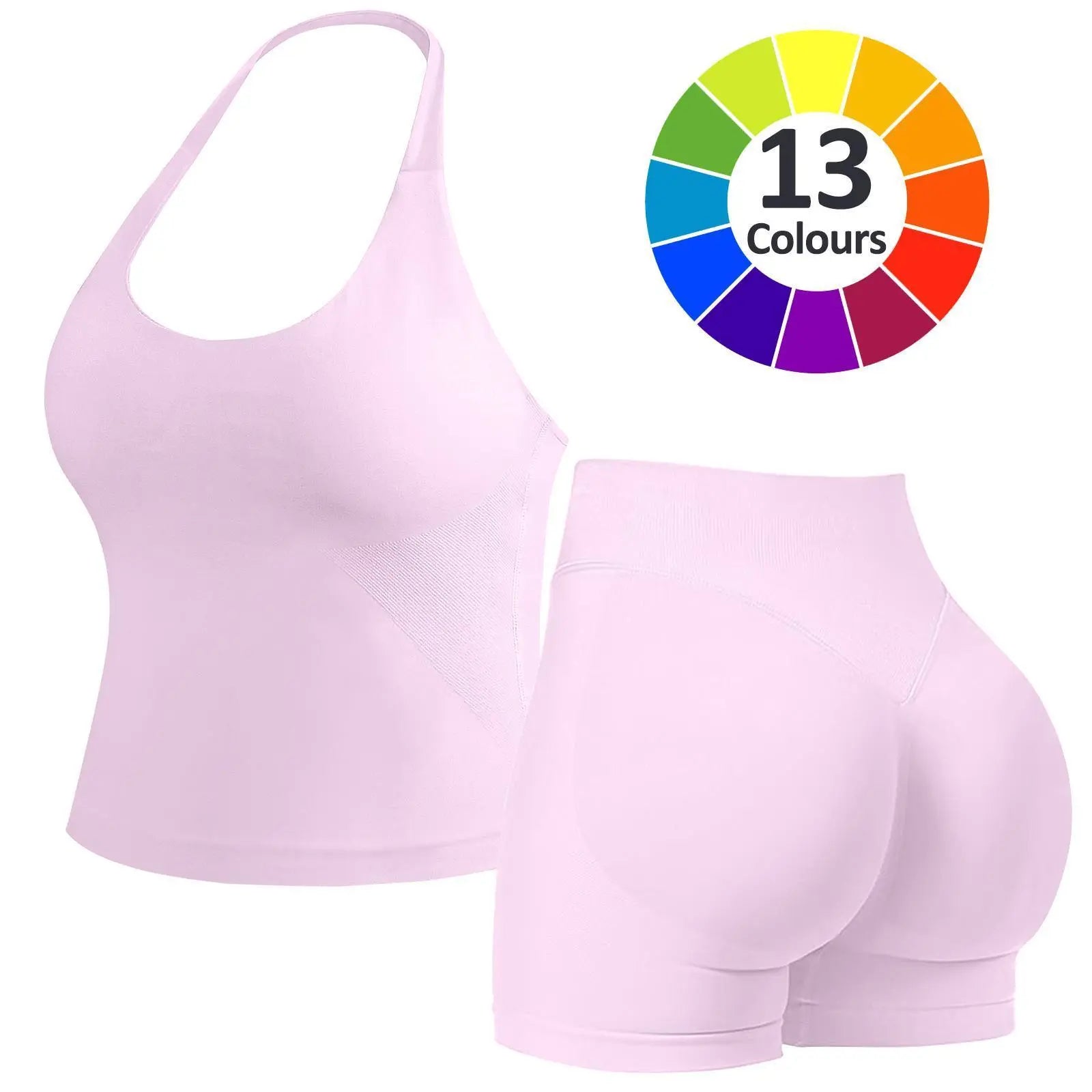 JGS1996 Two-Piece Sports Sets for Women Solid Seamless Halter Tank Top with High Waist Shorts Set for Yoga Fitness Gym Workout Running Breathable & Comfortable Activewear Summer