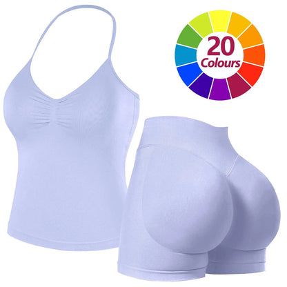 JGS1996 Two-Piece Sports Sets for Women Solid Seamless Halter Tank Top with High Waist Shorts Set for Yoga Fitness Gym Workout Running Breathable & Comfortable Activewear Summer
