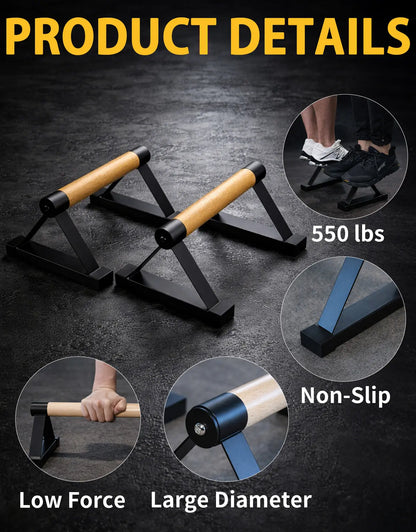 Wood Push up Bar Set, 2PCS Non-Slip Handstand Bars, Parallettes Bars for Calisthenics and Push-Up Workouts, Solid Wood Grip with Metal Frame, Supports 550 LBS