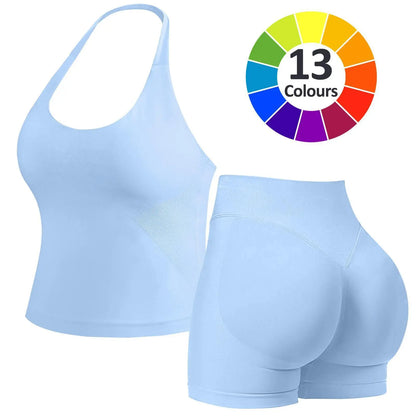 JGS1996 Two-Piece Sports Sets for Women Solid Seamless Halter Tank Top with High Waist Shorts Set for Yoga Fitness Gym Workout Running Breathable & Comfortable Activewear Summer