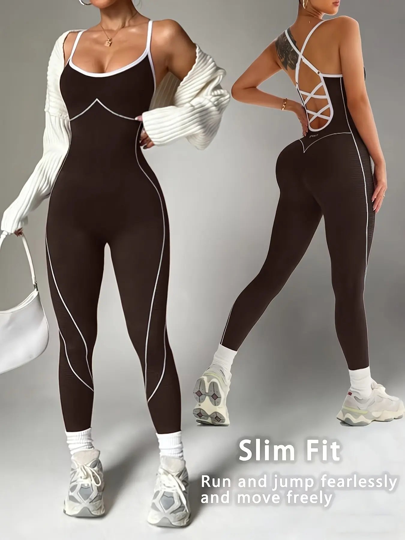 Women'S Seamless Colorblock Yoga Sporty Jumpsuit, Adjustable Straps, Criss Cross Back Design, Sleeveless, above Ankle, All Seasons, Workout Jumpsuits