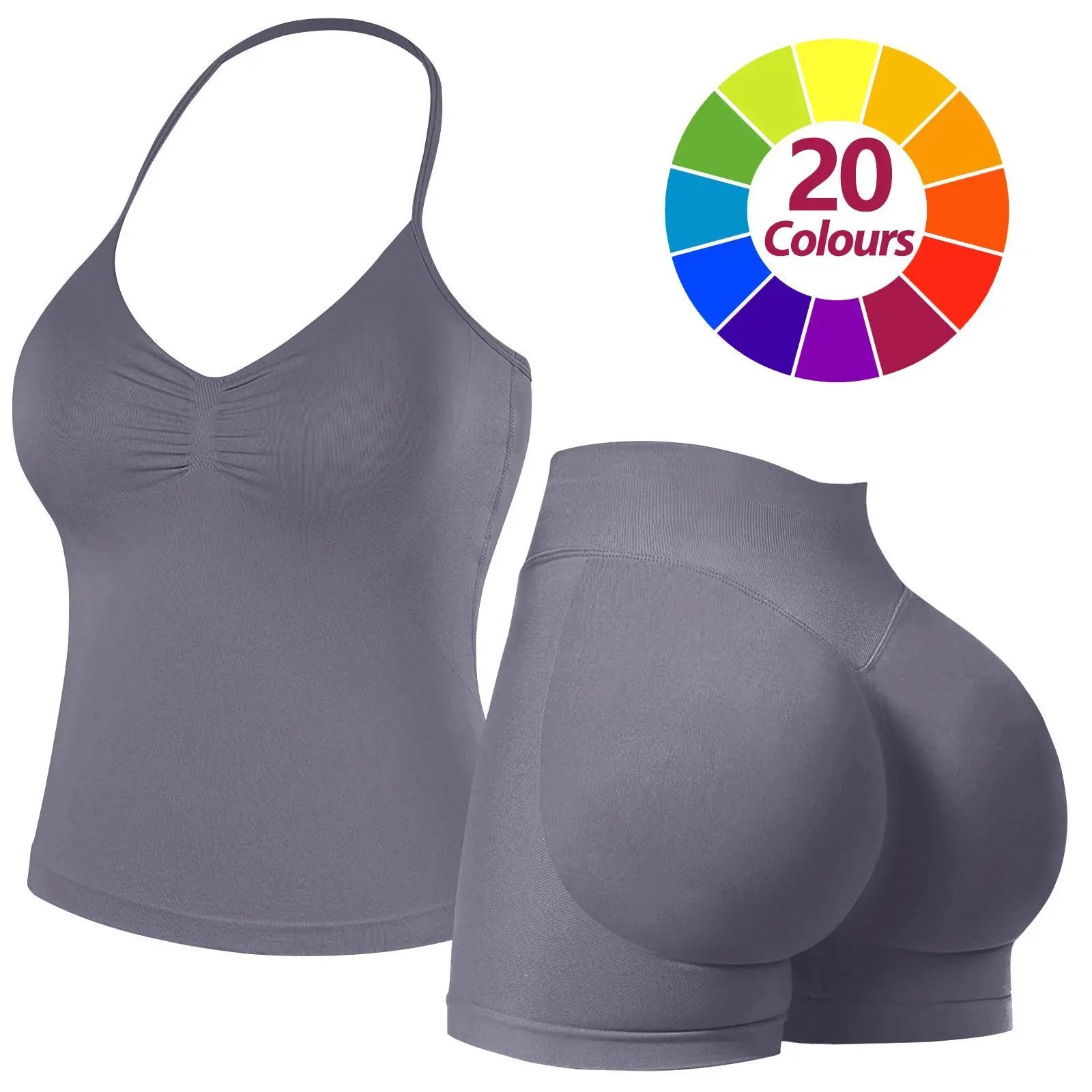 JGS1996 Two-Piece Sports Sets for Women Solid Seamless Halter Tank Top with High Waist Shorts Set for Yoga Fitness Gym Workout Running Breathable & Comfortable Activewear Summer