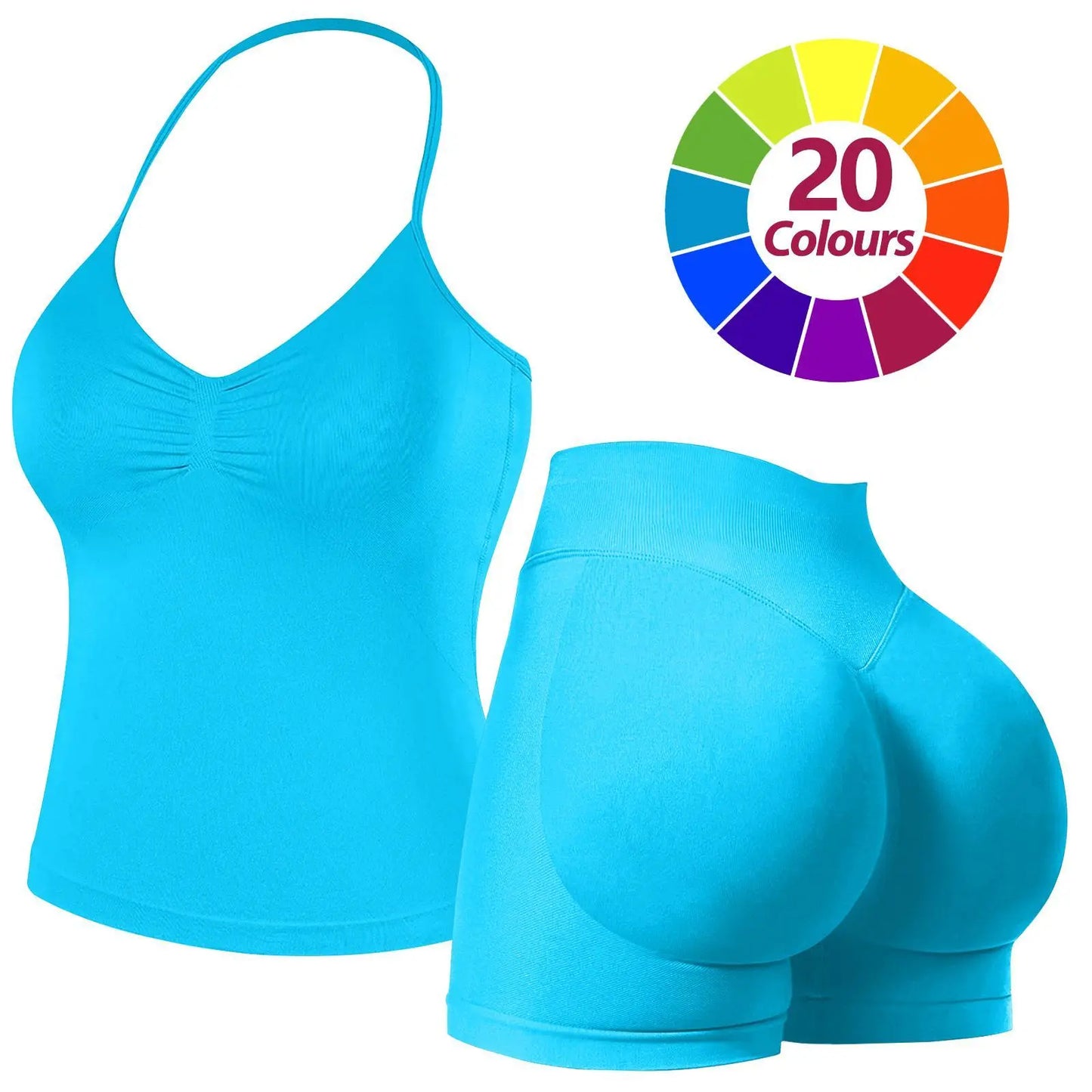 JGS1996 Two-Piece Sports Sets for Women Solid Seamless Halter Tank Top with High Waist Shorts Set for Yoga Fitness Gym Workout Running Breathable & Comfortable Activewear Summer