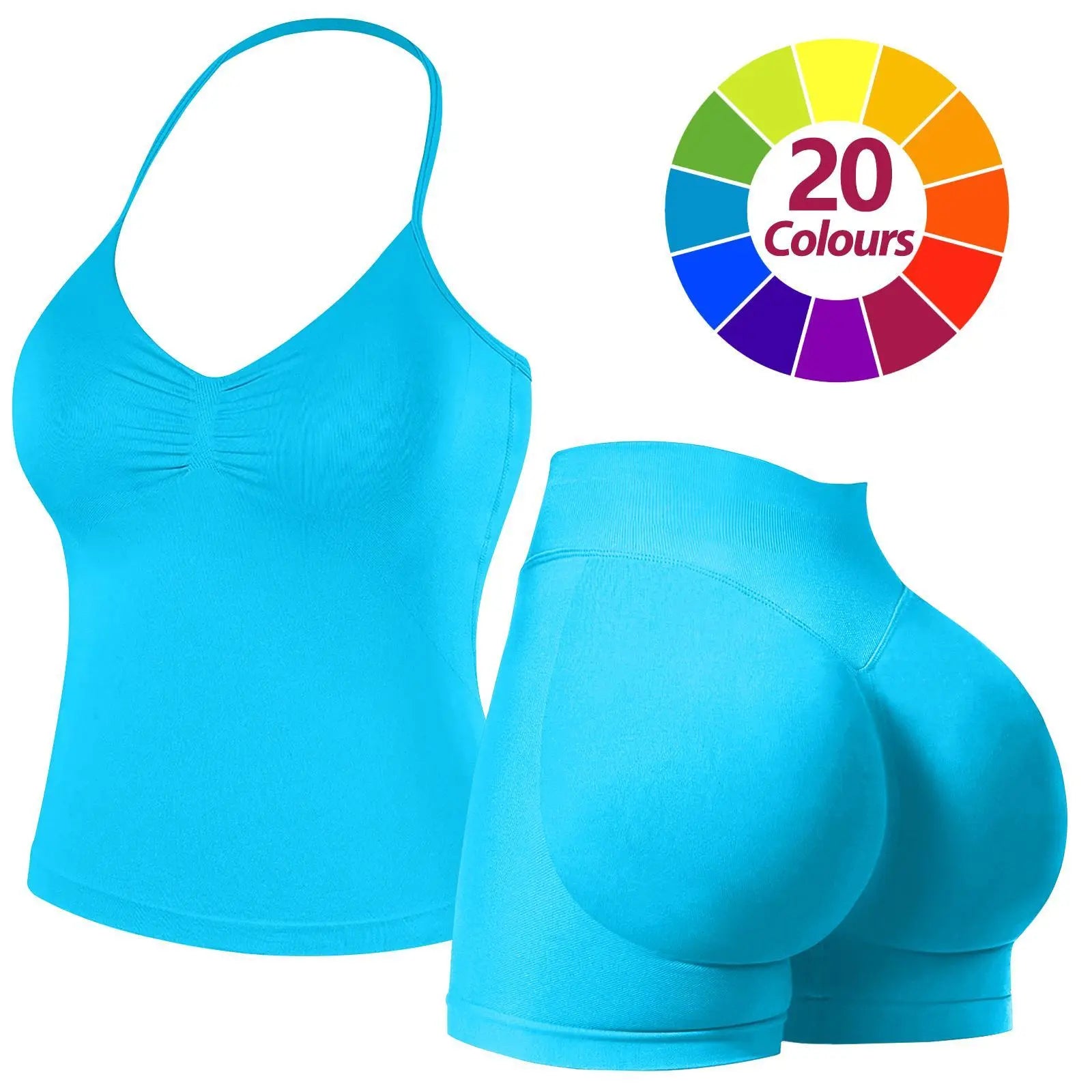JGS1996 Two-Piece Sports Sets for Women Solid Seamless Halter Tank Top with High Waist Shorts Set for Yoga Fitness Gym Workout Running Breathable & Comfortable Activewear Summer