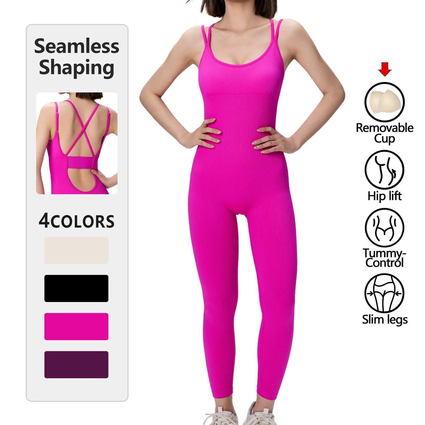 SUOVADUN 310001 Women'S Seamless Sportswear One-Piece Yoga Jumpsuit with Tummy Control Hip Lift for Daily Wear and Training Solid Color Stretchable Activewear Workout Gym Clothing