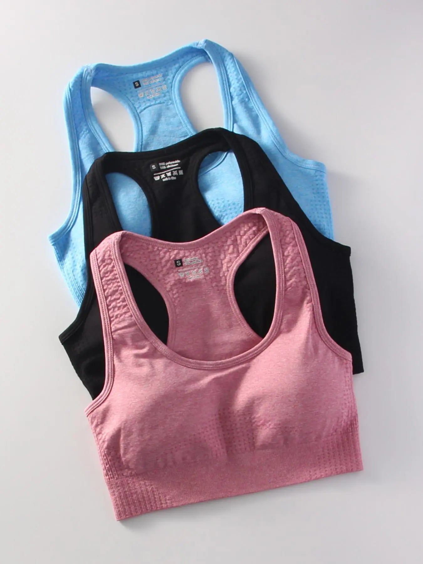 Women'S 3Pcs Solid Wireless Racerback Athletic Sports Bra, Breathable Comfortable Sports Lingerie Top for Yoga Gym Workout, Women'S Sports Clothing for All Seasons, Blue, Solid Brami Tank