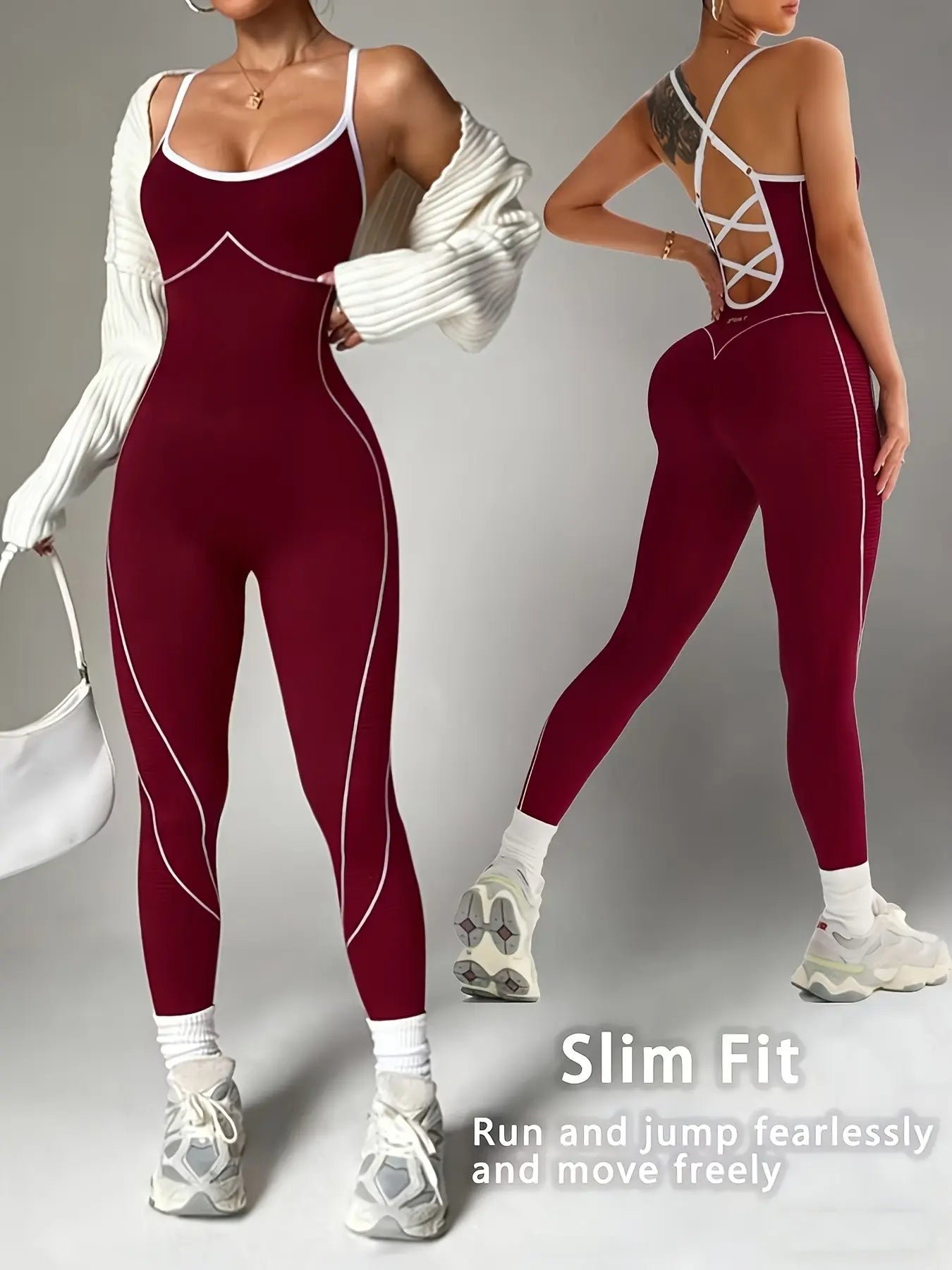 Women'S Seamless Colorblock Yoga Sporty Jumpsuit, Adjustable Straps, Criss Cross Back Design, Sleeveless, above Ankle, All Seasons, Workout Jumpsuits