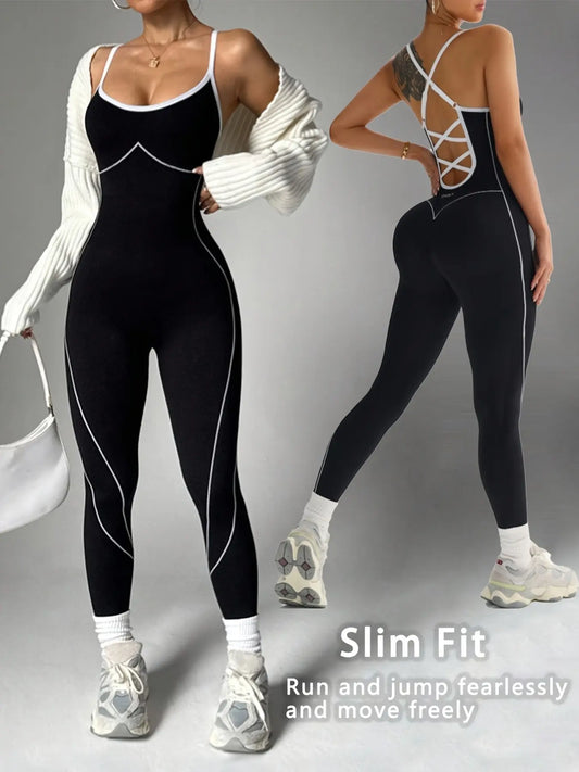 Women'S Seamless Colorblock Yoga Sporty Jumpsuit, Adjustable Straps, Criss Cross Back Design, Sleeveless, above Ankle, All Seasons, Workout Jumpsuits