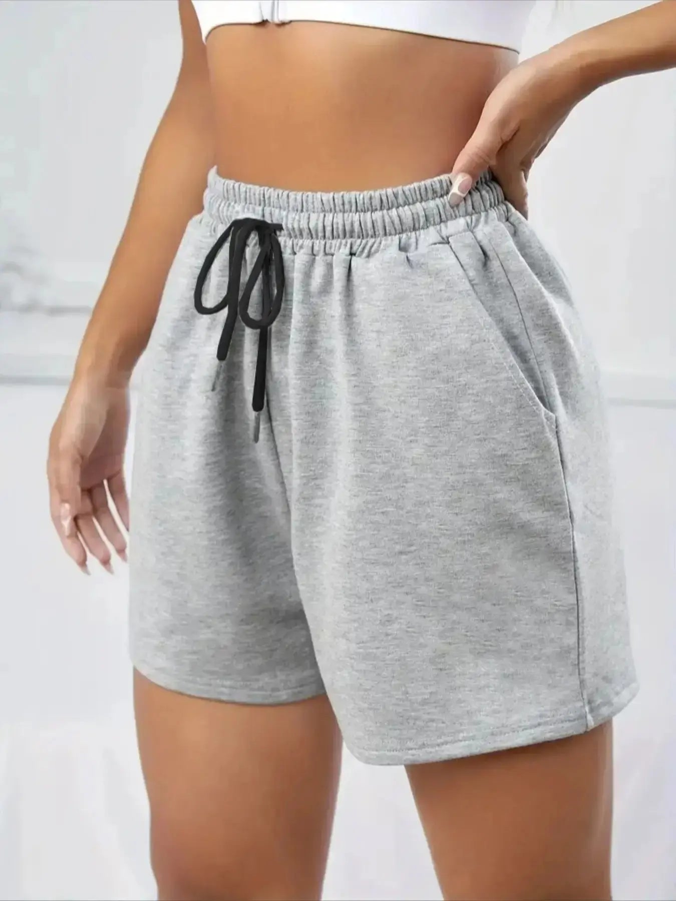 Women'S Loose Fit Drawstring Shorts, Solid Pocket Shorts, Casual Mid Waist Knit Pants, Breathable All-Season Wear for Gym Yoga Running Cycling