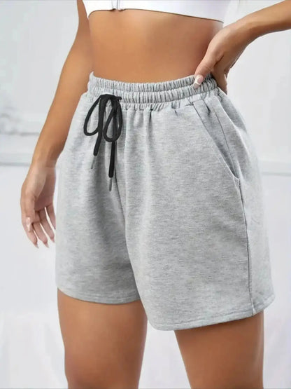 Women'S Loose Fit Drawstring Shorts, Solid Pocket Shorts, Casual Mid Waist Knit Pants, Breathable All-Season Wear for Gym Yoga Running Cycling