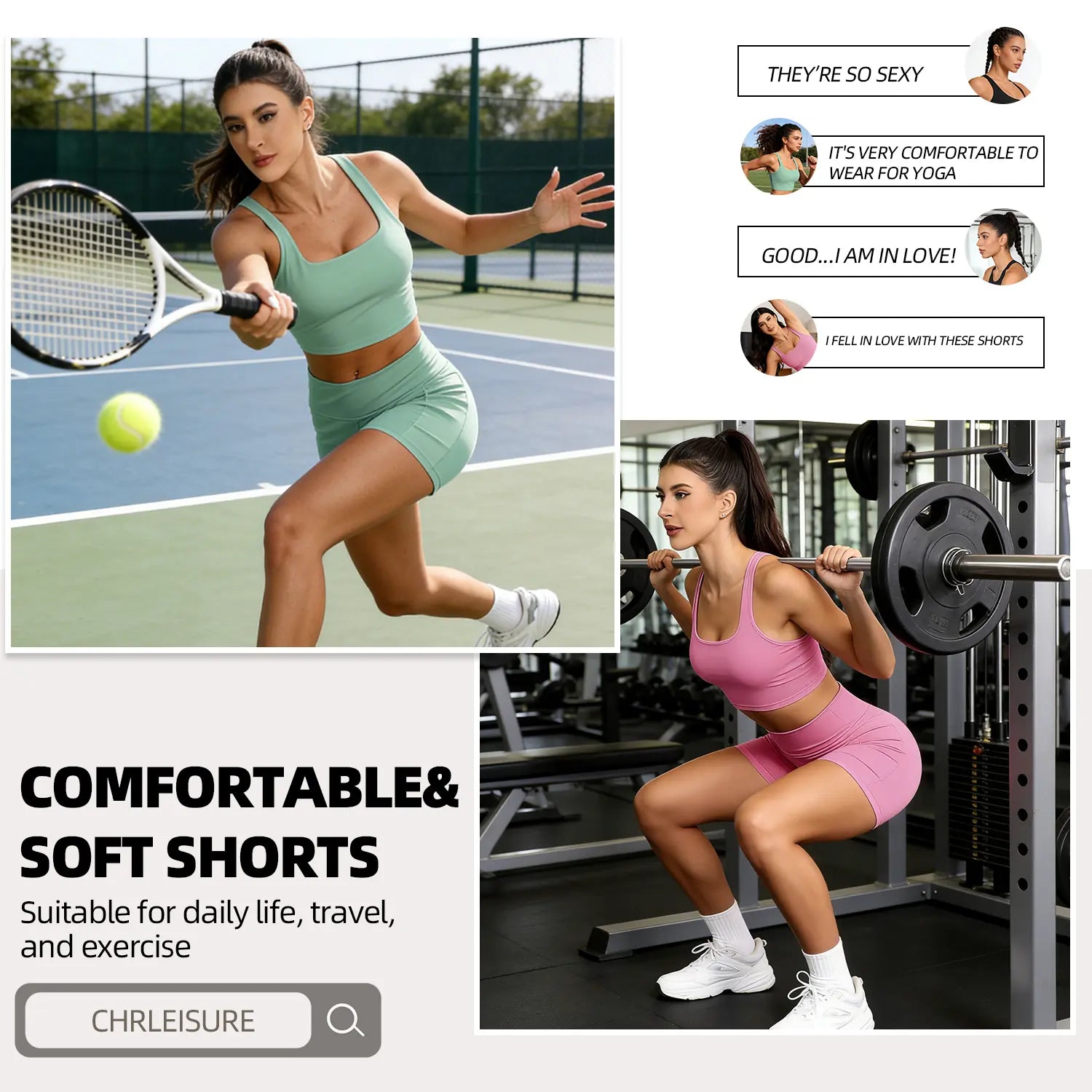 CHRLEISURE 3-Pack High-Waisted Biker Shorts with Pockets Inner and Side Pockets for Women Workout Yoga Running Gym Tennis Shorts