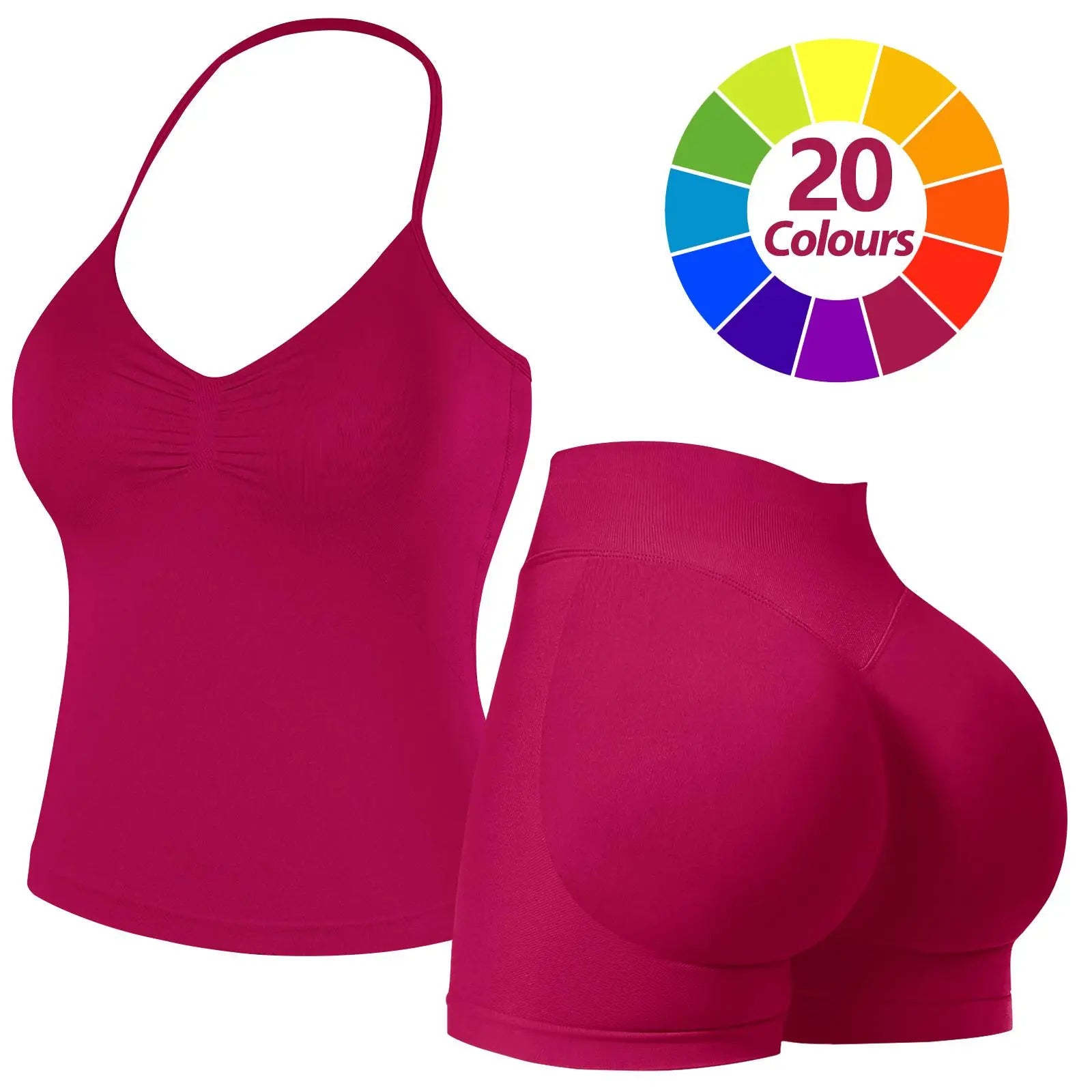 JGS1996 Two-Piece Sports Sets for Women Solid Seamless Halter Tank Top with High Waist Shorts Set for Yoga Fitness Gym Workout Running Breathable & Comfortable Activewear Summer