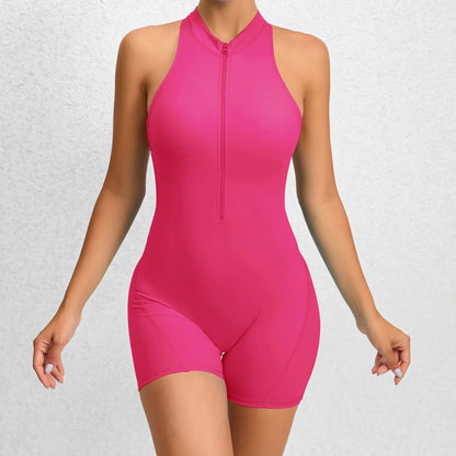 Tight-Fitting Zipper Sports Yoga Bodysuit - Soft Stretch, Quick-Drying, Peach Buttocks Sculpting All-In-1 - Athletic Training Apparel, Fitness Sport Outfits, Solid Color Jumpsuit, Workout Gym Clothing, Multi-Size for Gym & Daily Wear