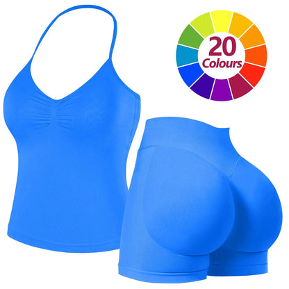 JGS1996 Two-Piece Sports Sets for Women Solid Seamless Halter Tank Top with High Waist Shorts Set for Yoga Fitness Gym Workout Running Breathable & Comfortable Activewear Summer