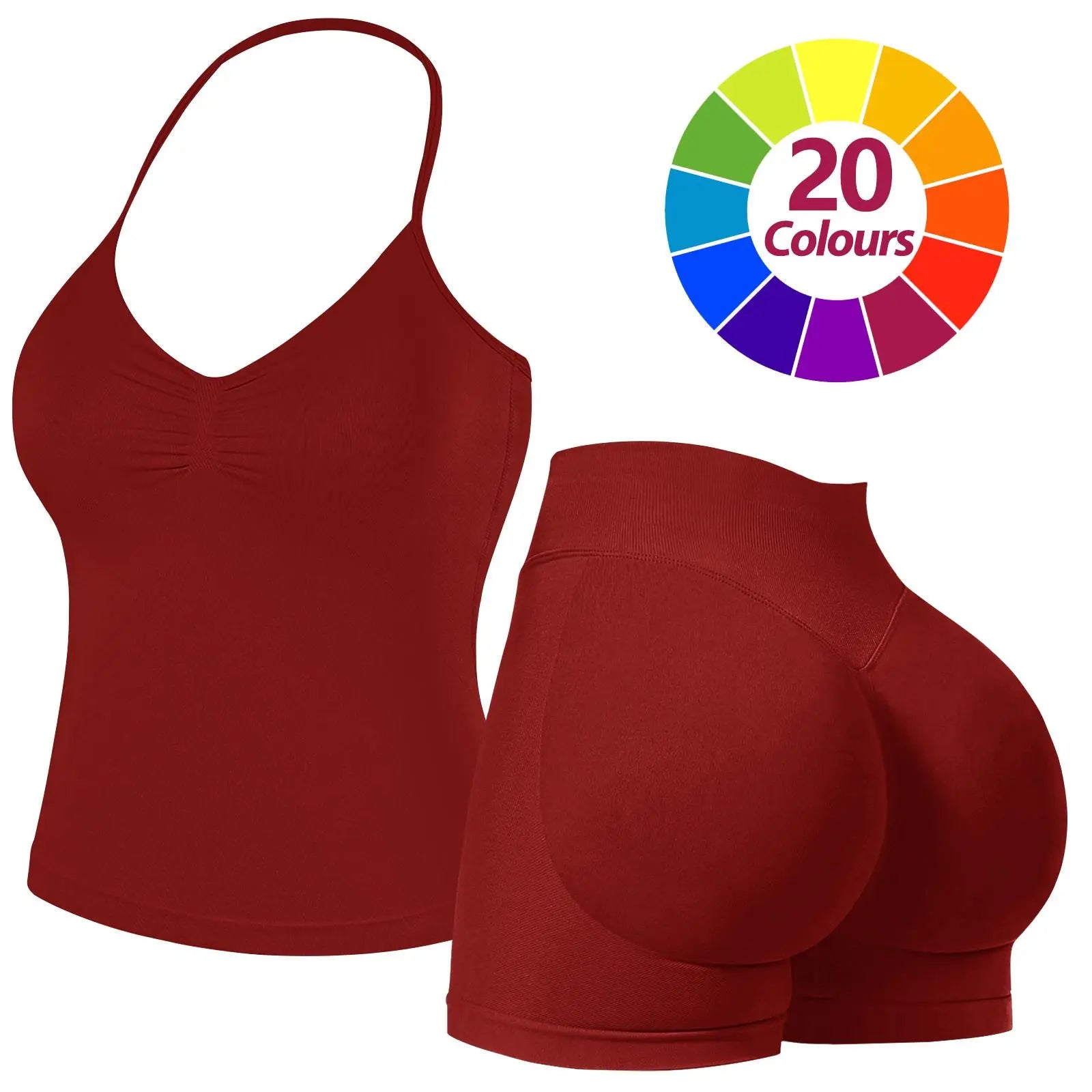 JGS1996 Two-Piece Sports Sets for Women Solid Seamless Halter Tank Top with High Waist Shorts Set for Yoga Fitness Gym Workout Running Breathable & Comfortable Activewear Summer