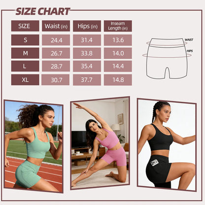CHRLEISURE 3-Pack High-Waisted Biker Shorts with Pockets Inner and Side Pockets for Women Workout Yoga Running Gym Tennis Shorts