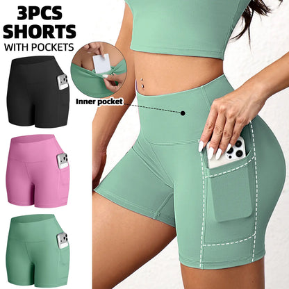 CHRLEISURE 3-Pack High-Waisted Biker Shorts with Pockets Inner and Side Pockets for Women Workout Yoga Running Gym Tennis Shorts
