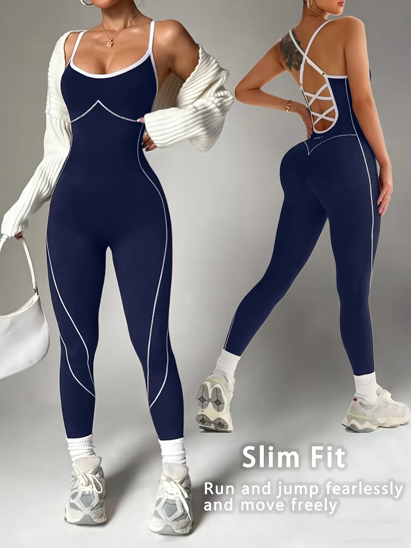 Women'S Seamless Colorblock Yoga Sporty Jumpsuit, Adjustable Straps, Criss Cross Back Design, Sleeveless, above Ankle, All Seasons, Workout Jumpsuits