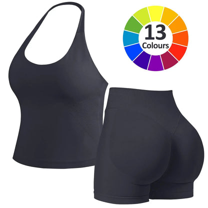 JGS1996 Two-Piece Sports Sets for Women Solid Seamless Halter Tank Top with High Waist Shorts Set for Yoga Fitness Gym Workout Running Breathable & Comfortable Activewear Summer