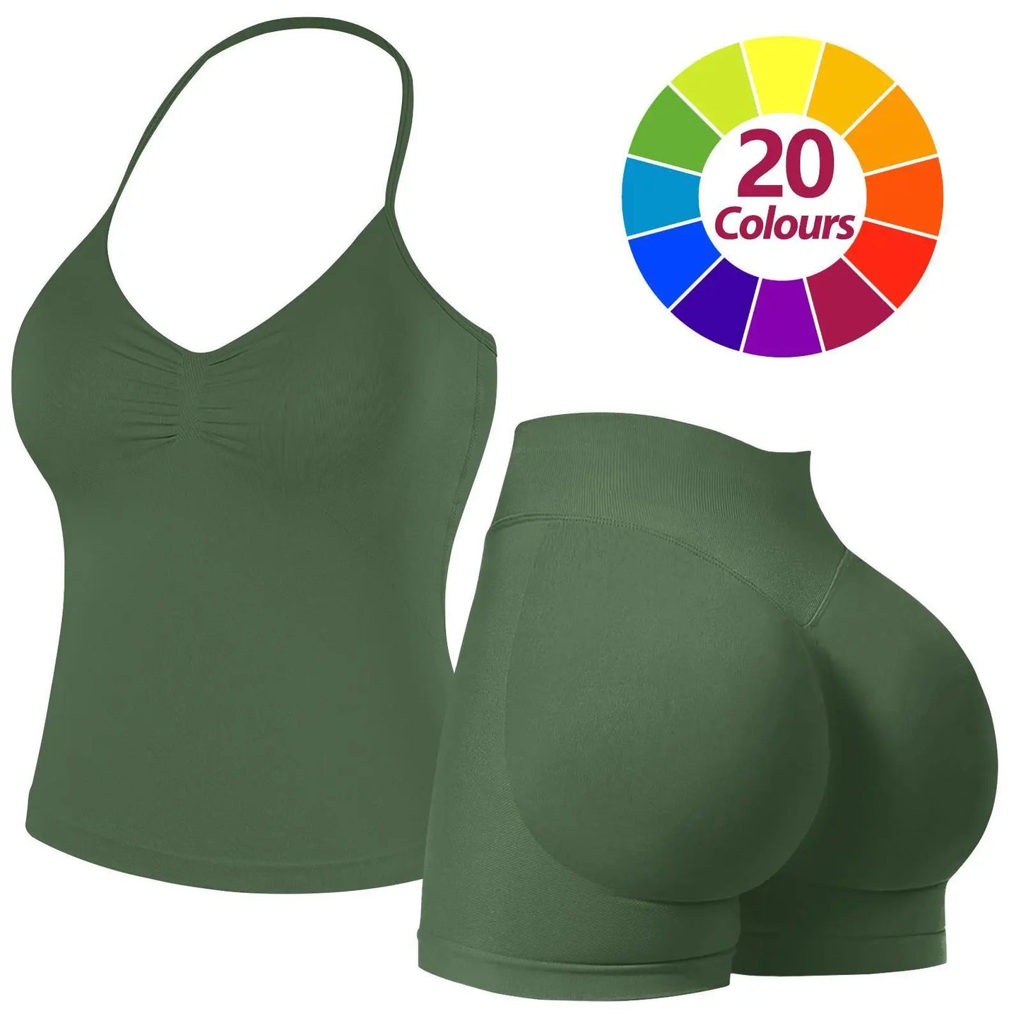 JGS1996 Two-Piece Sports Sets for Women Solid Seamless Halter Tank Top with High Waist Shorts Set for Yoga Fitness Gym Workout Running Breathable & Comfortable Activewear Summer