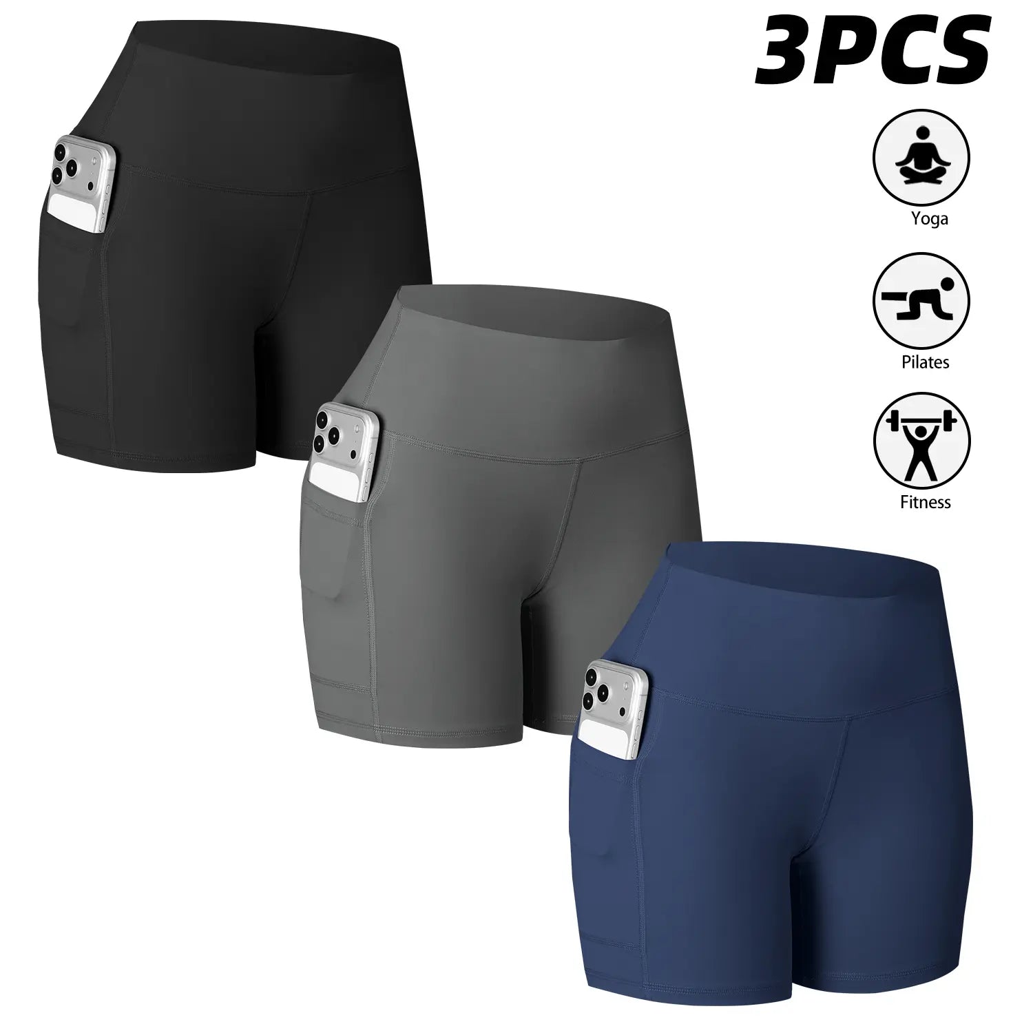 CHRLEISURE 3-Pack High-Waisted Biker Shorts with Pockets Inner and Side Pockets for Women Workout Yoga Running Gym Tennis Shorts