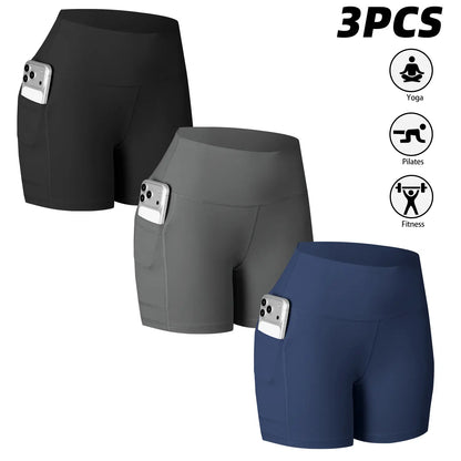CHRLEISURE 3-Pack High-Waisted Biker Shorts with Pockets Inner and Side Pockets for Women Workout Yoga Running Gym Tennis Shorts