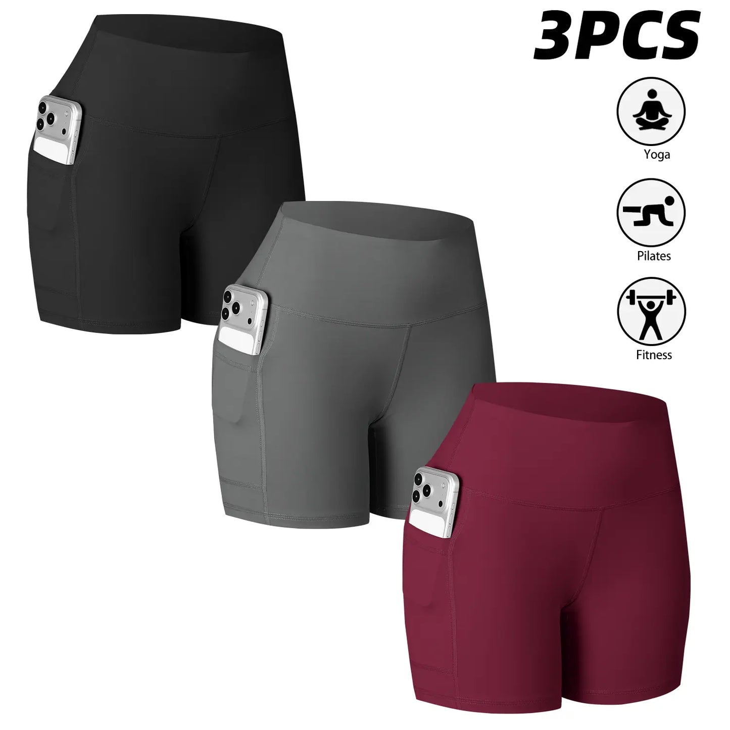 CHRLEISURE 3-Pack High-Waisted Biker Shorts with Pockets Inner and Side Pockets for Women Workout Yoga Running Gym Tennis Shorts