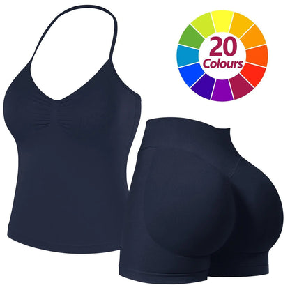 JGS1996 Two-Piece Sports Sets for Women Solid Seamless Halter Tank Top with High Waist Shorts Set for Yoga Fitness Gym Workout Running Breathable & Comfortable Activewear Summer