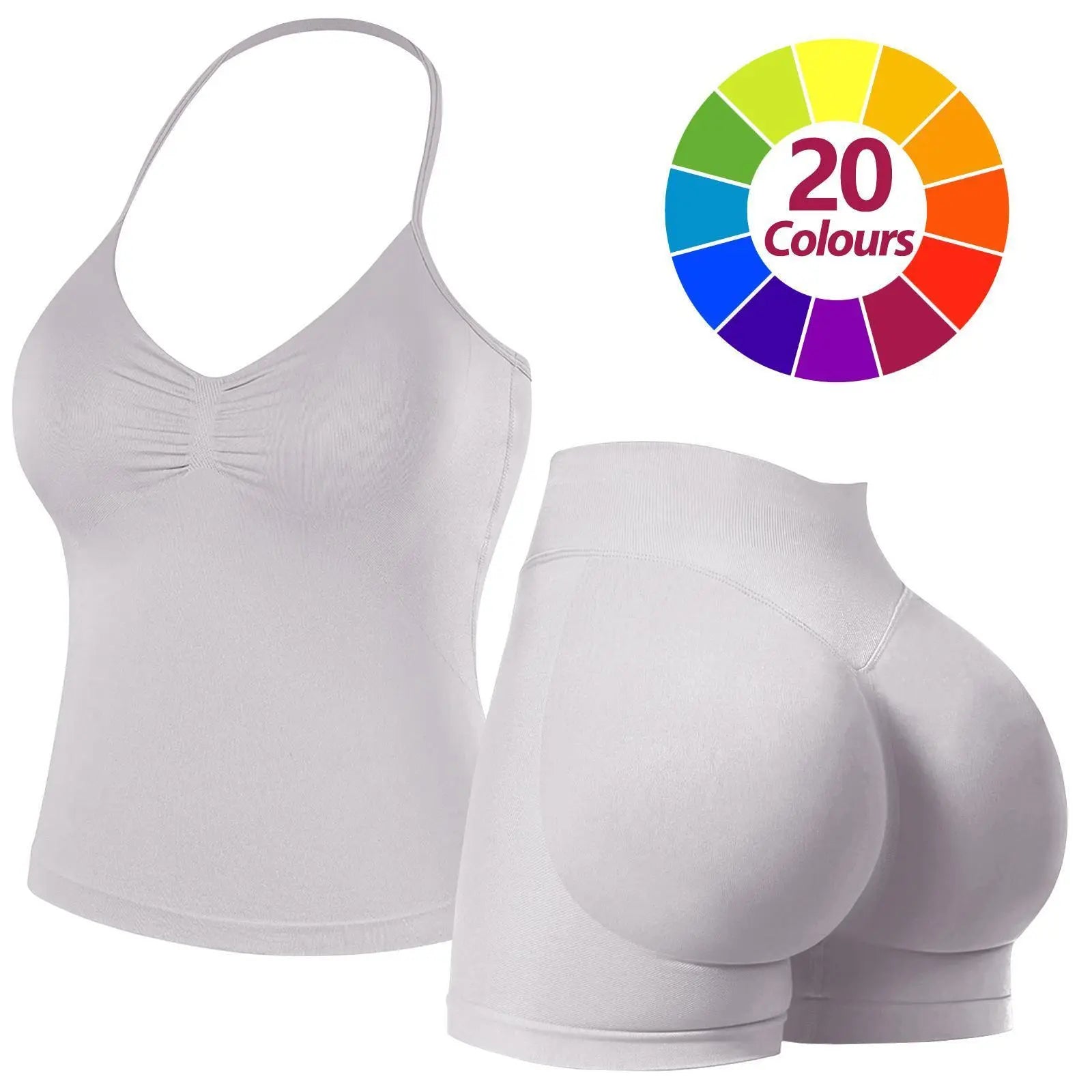 JGS1996 Two-Piece Sports Sets for Women Solid Seamless Halter Tank Top with High Waist Shorts Set for Yoga Fitness Gym Workout Running Breathable & Comfortable Activewear Summer