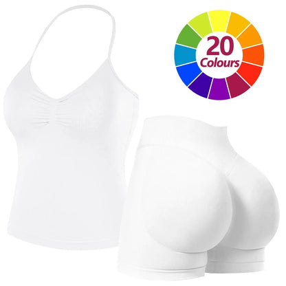 JGS1996 Two-Piece Sports Sets for Women Solid Seamless Halter Tank Top with High Waist Shorts Set for Yoga Fitness Gym Workout Running Breathable & Comfortable Activewear Summer