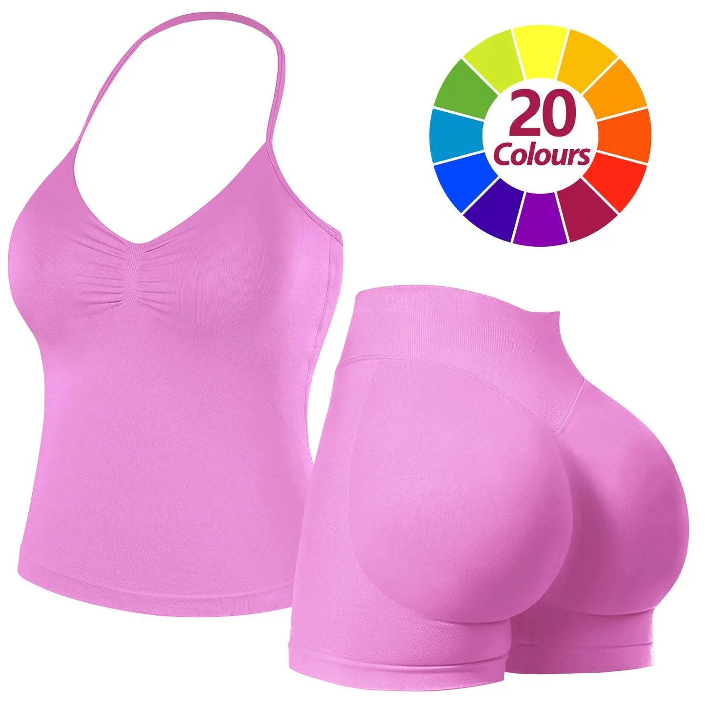 JGS1996 Two-Piece Sports Sets for Women Solid Seamless Halter Tank Top with High Waist Shorts Set for Yoga Fitness Gym Workout Running Breathable & Comfortable Activewear Summer