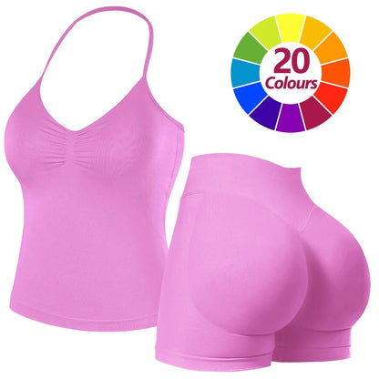 JGS1996 Two-Piece Sports Sets for Women Solid Seamless Halter Tank Top with High Waist Shorts Set for Yoga Fitness Gym Workout Running Breathable & Comfortable Activewear Summer