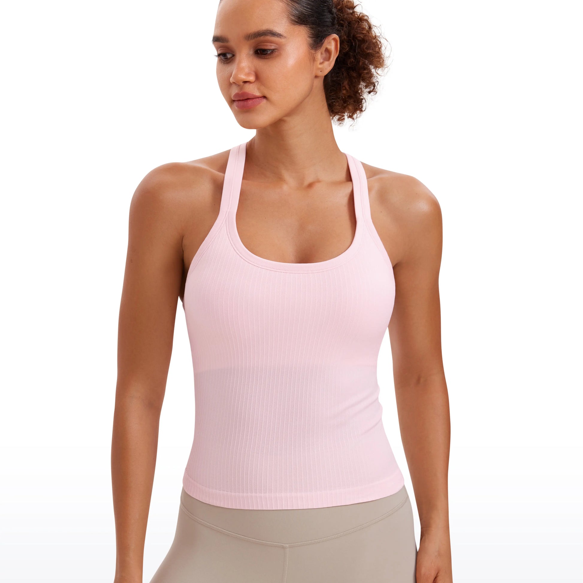 CRZ YOGA Seamless Ribbed Womens Tank Top Racerback Camisoles with Built in Bra Padded Scoop Neck Athletic Workout Slim Cami