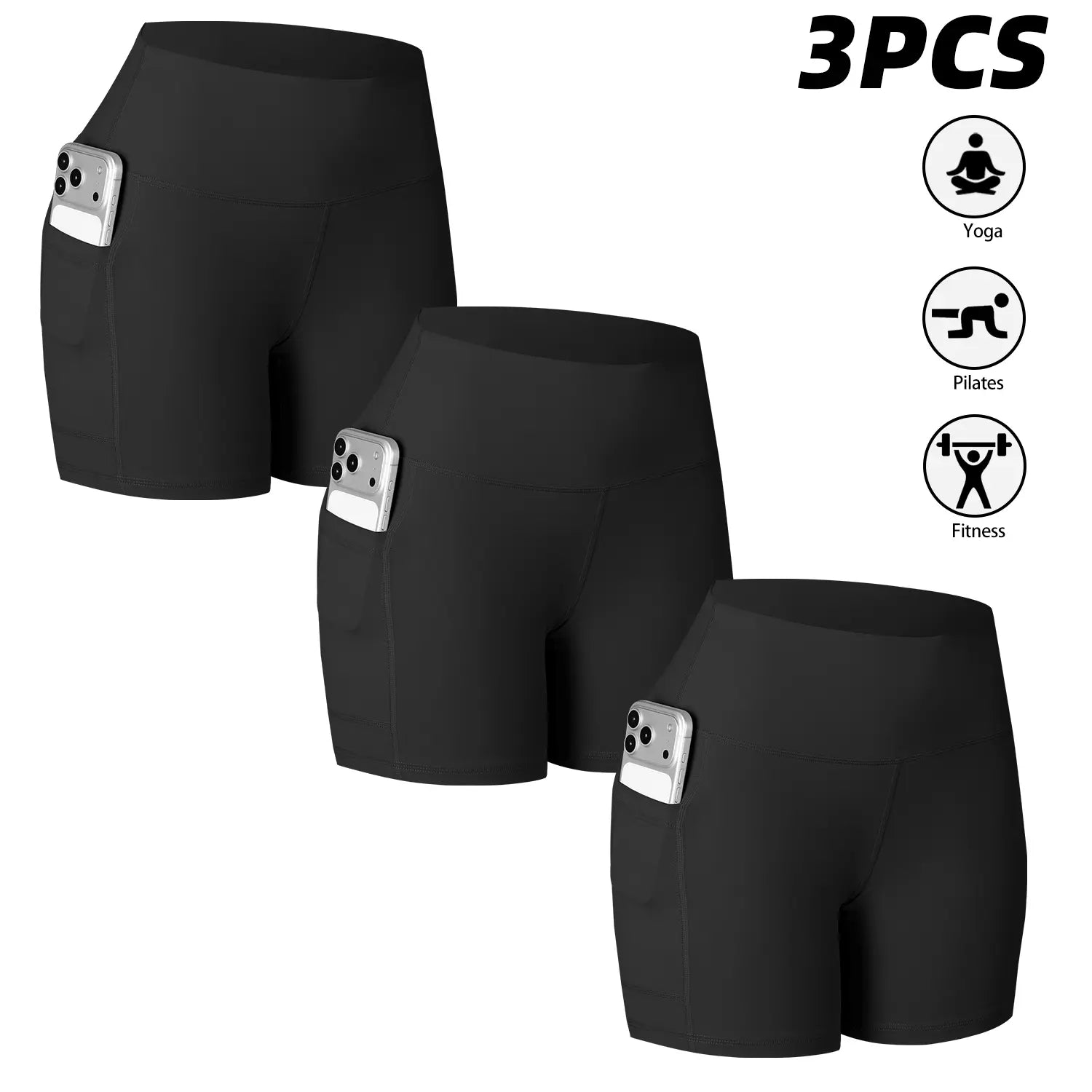 CHRLEISURE 3-Pack High-Waisted Biker Shorts with Pockets Inner and Side Pockets for Women Workout Yoga Running Gym Tennis Shorts