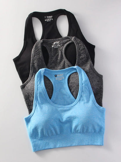 Women'S 3Pcs Solid Wireless Racerback Athletic Sports Bra, Breathable Comfortable Sports Lingerie Top for Yoga Gym Workout, Women'S Sports Clothing for All Seasons, Blue, Solid Brami Tank