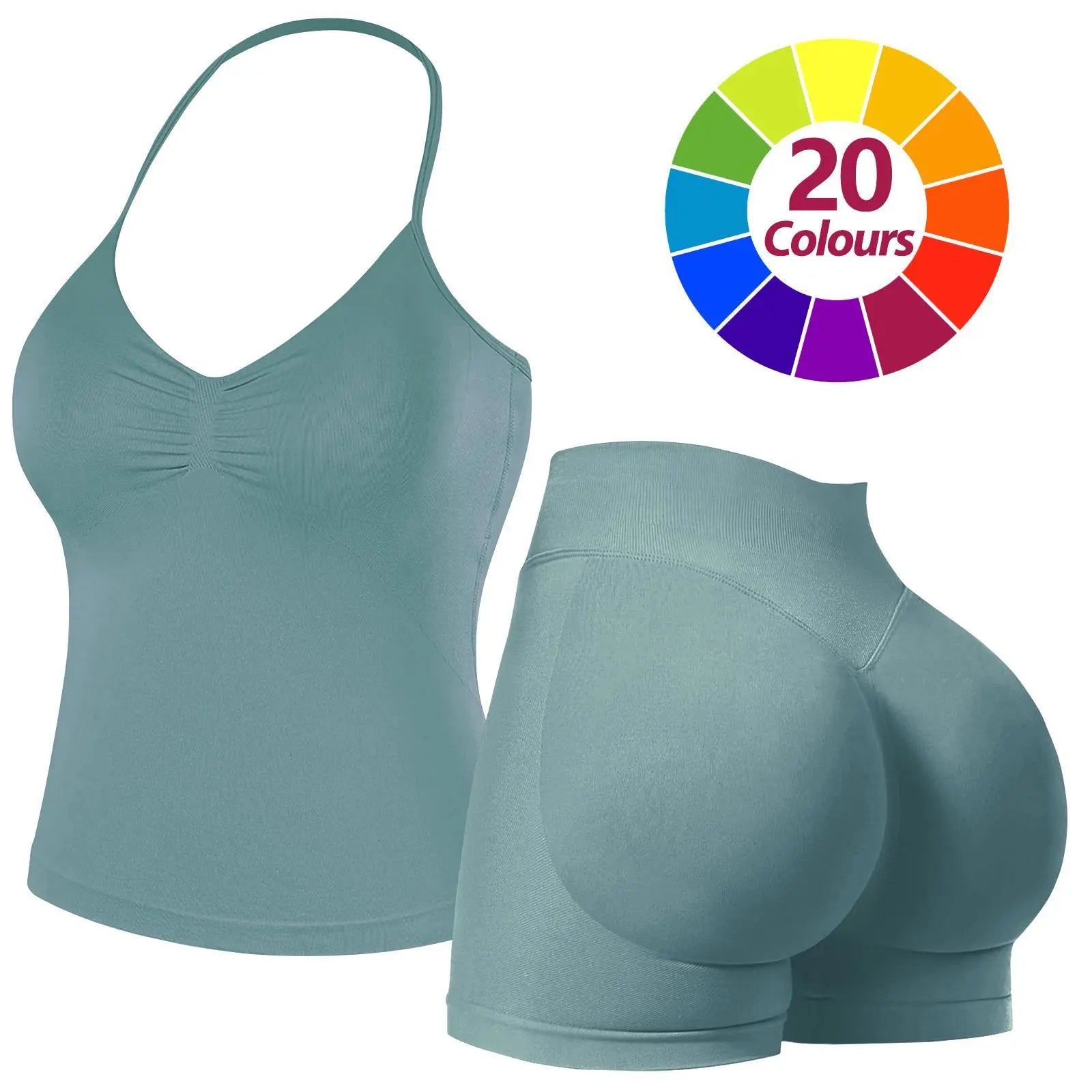 JGS1996 Two-Piece Sports Sets for Women Solid Seamless Halter Tank Top with High Waist Shorts Set for Yoga Fitness Gym Workout Running Breathable & Comfortable Activewear Summer