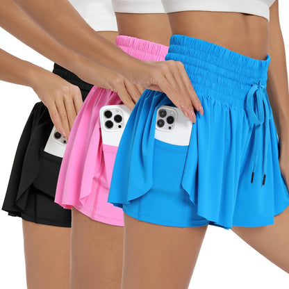 3 Pcs/Set Women'S High-Waisted 2-In-1 Athletic Skorts with Pockets – Flowy Gym Yoga Running Shorts for Workouts, Tennis, Golf - Breathable Spandex, Lounge & Summer Outdoor Activities