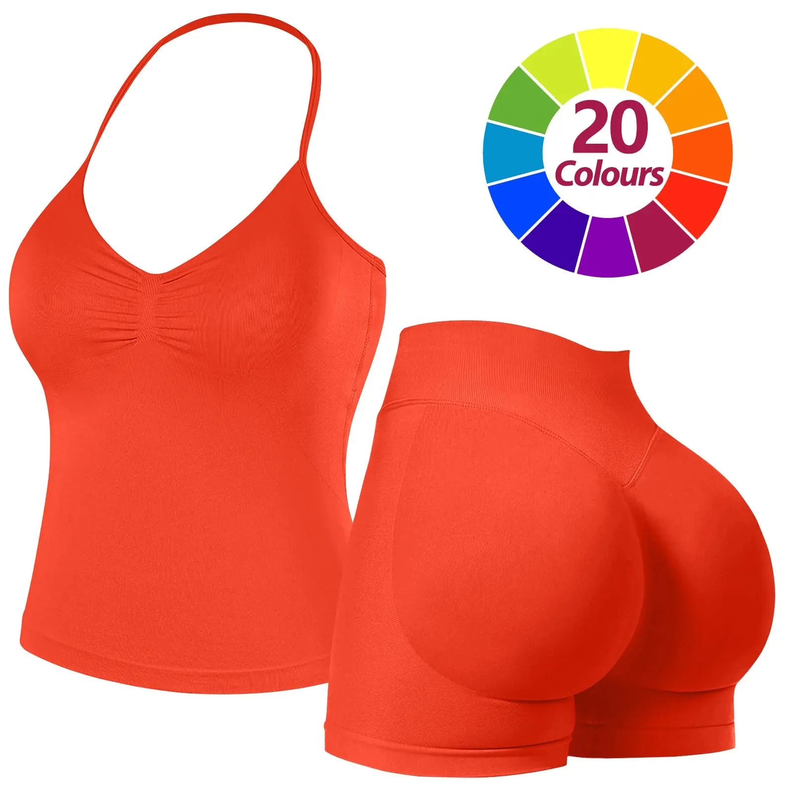 JGS1996 Two-Piece Sports Sets for Women Solid Seamless Halter Tank Top with High Waist Shorts Set for Yoga Fitness Gym Workout Running Breathable & Comfortable Activewear Summer