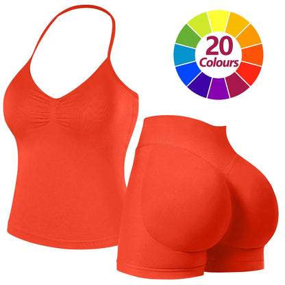 JGS1996 Two-Piece Sports Sets for Women Solid Seamless Halter Tank Top with High Waist Shorts Set for Yoga Fitness Gym Workout Running Breathable & Comfortable Activewear Summer