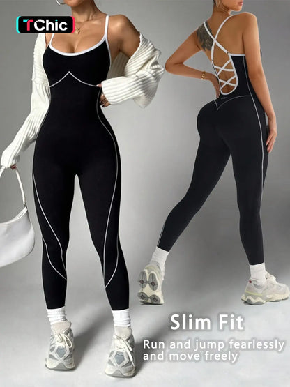 Women'S Seamless Colorblock Yoga Sporty Jumpsuit, Adjustable Straps, Criss Cross Back Design, Sleeveless, above Ankle, All Seasons, Workout Jumpsuits